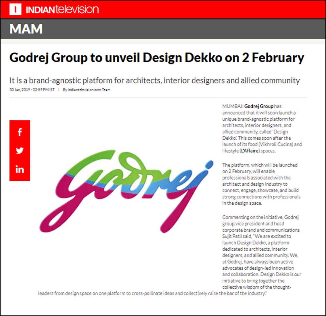 Godrej Group to Unveil Design Dekko on 2 February, Indian Television - January 2019